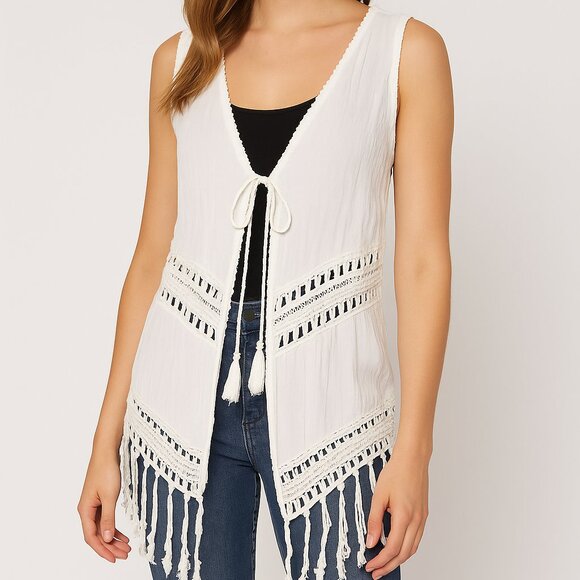 Tiare Hawaii White Fringe Rayon Vest - Picture 1 of 7